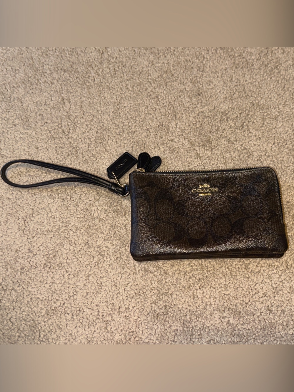 Coach Dark Brown Signature Leather Wristlet with Gold Logo